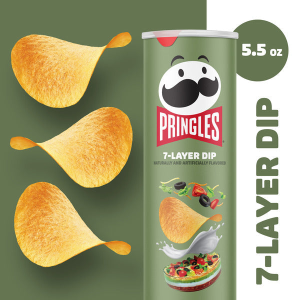 Pringles 7-Layer Dip can with potato chips on a green background