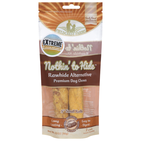 Fieldcrest Farms Nothin' to Hide Dog Chews, Premium, Peanut Butter Flavor, 5 Inch Small Rolls, 2 Pack