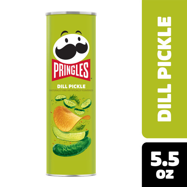 Pringles Dill Pickle flavor potato chip can on a white background