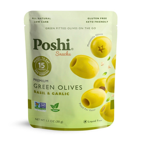 Poshi Basil & Garlic Pitted Green Olives
