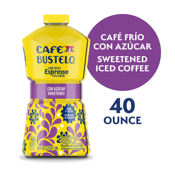 Cafe Bustelo 40 ounce sweetened iced coffee bottle with purple label on a white background. Café Bustelo Sweetened Iced Coffee