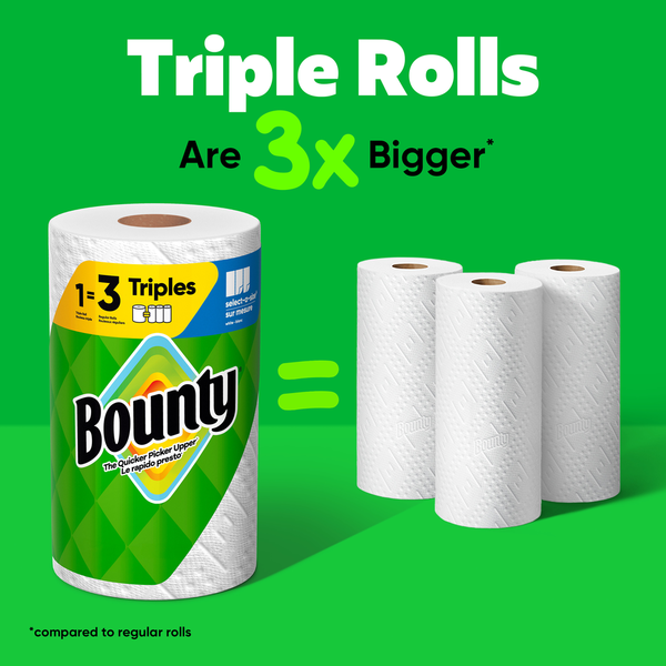 Bounty paper towel roll with three additional rolls on a green background, highlighting 'Triple Rolls' feature.