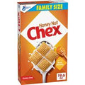General Mills Honey Nut Chex Family Size breakfast cereal box featuring honeycomb-shaped corn cereal, honey and almonds, gluten-free labeling, and family size packaging.