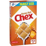 General Mills Honey Nut Chex Family Size breakfast cereal box featuring honeycomb-shaped corn cereal, honey and almonds, gluten-free labeling, and family size packaging.