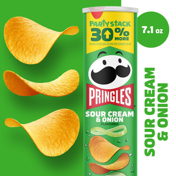 Pringles Sour Cream & Onion flavored potato chips packaging with chips on a green background