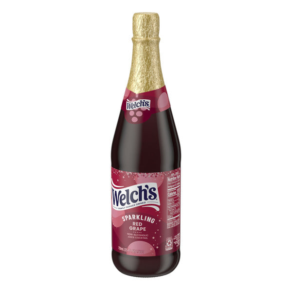 Welch's Sparkling Non-Alcoholic Red Grape Juice Cocktail bottle with gold foil top on a white background.