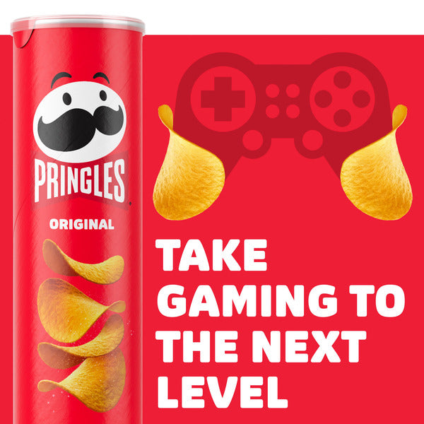Pringles Original can with gaming-themed design on a red background