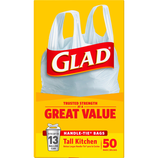 Glad Tall Kitchen Handle-Tie Trash Bags, 13 Gallon White Trash Bag