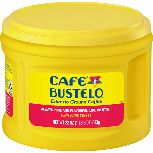 Large yellow container of Cafe Bustelo espresso ground coffee on a white background. 22 oz (1 lb 6 oz) 623g