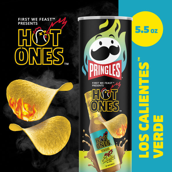 Pringles Hot Ones Los Calientes Verde can with flames and 'Hot Ones' branding on a black and blue background.