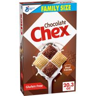 Box of Chocolate Chex cereal with a family size label on a white background