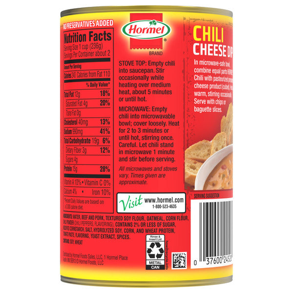 Hormel Chili Hot No Beans, 15 OZ