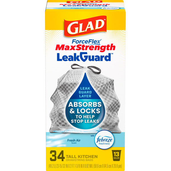 Glad ForceFlex MaxStrength LeakGuard Tall Kitchen Trash Bags, 13 Gallon, Fresh Air