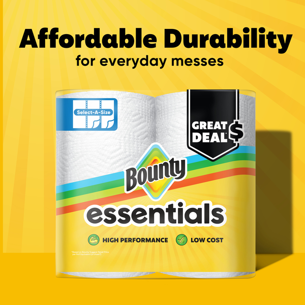 Bounty essentials paper towel package on a yellow background with text about affordability and durability.