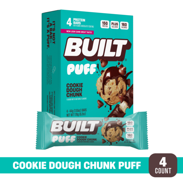 BUILT Puff Protein Bar, Cookie Dough Chunk, 4ct Box