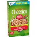 General Mills Apple Cinnamon Family Size Cereal box featuring a green background with a bowl of apple cinnamon toasted oat cereal, sliced apples, and cinnamon sticks.