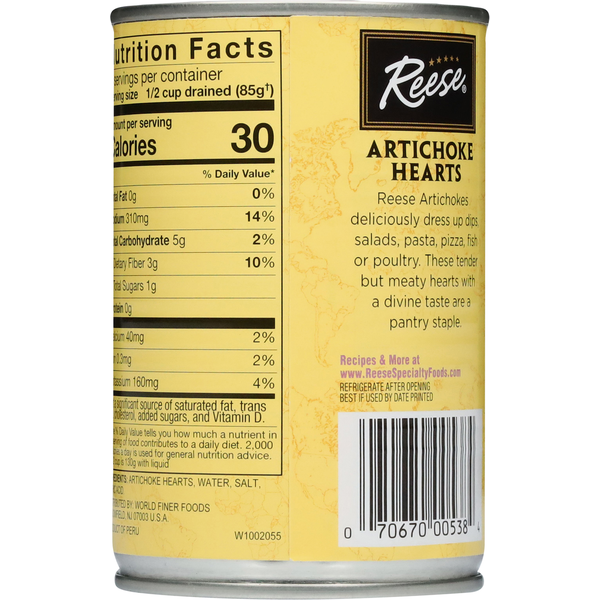 Can of Reese Artichoke Hearts with nutrition facts and product description on a white background. NON GMO Project certified delicate baby artichoke hearts tender and delicious in a can. Reese quality company since 1947.