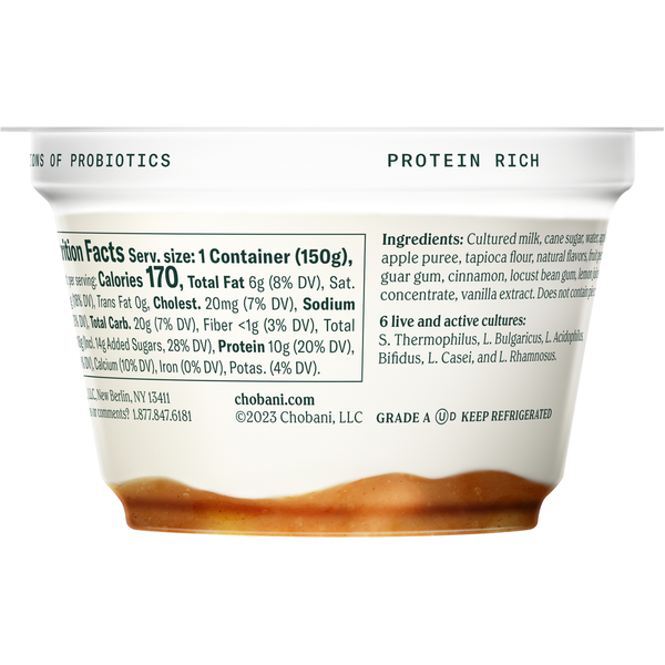 Close-up of a Chobani yogurt container with nutritional information and ingredients listed.