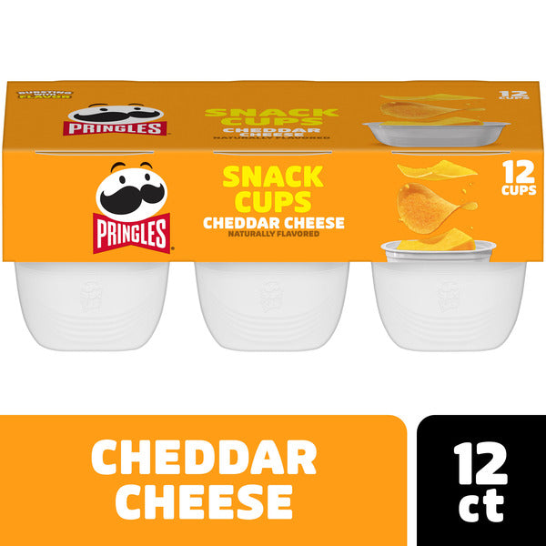 Pringles Cheddar Cheese snack cups packaging with 12 count on a white background