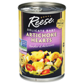 Can of Reese Delicate Baby Artichoke Hearts on a white background. NON GMO Project certified delicate baby artichoke hearts tender and delicious in a can. Reese quality company since 1947.