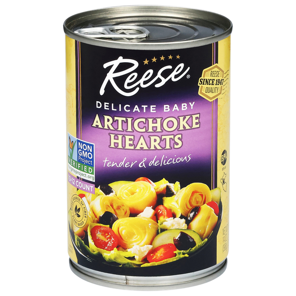 Can of Reese Delicate Baby Artichoke Hearts on a white background. NON GMO Project certified delicate baby artichoke hearts tender and delicious in a can. Reese quality company since 1947.