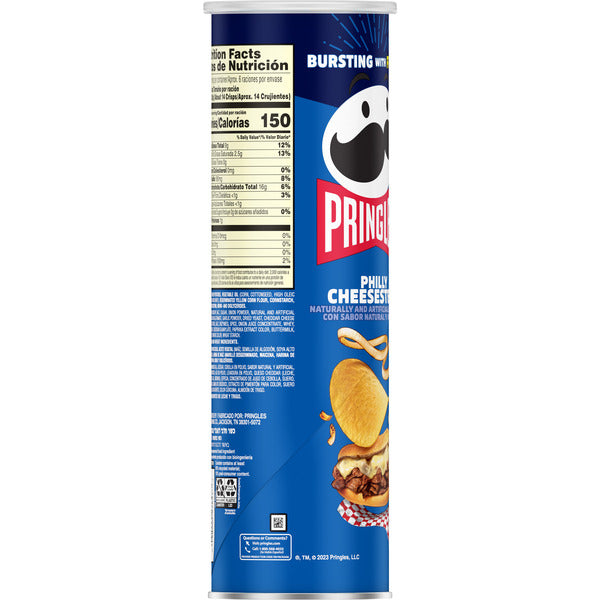Pringles potato chip can with blue label and Pringles logo on a white background