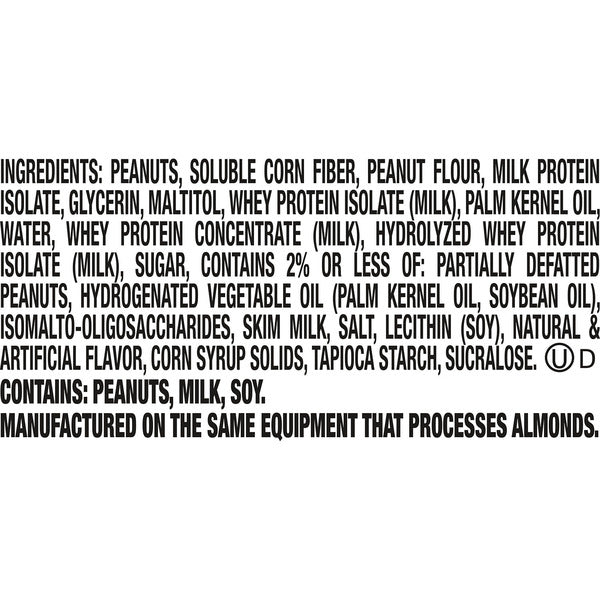Ingredients list on a white background. ONE REESE'S Peanut Butter Lovers Flavored Protein Bars, 2.12 oz (4 Count) with 18g protein per bar