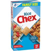 General Mills Rice Chex Family Size Gluten Free Rice Cereal box, front package on a white background.