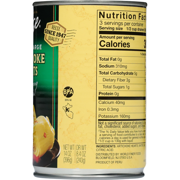Can of pineapple chunks with nutrition label on a white background. Reese Hearty Large Artichoke Hearts a satisfying side dish. Non GMO Project Certified Reese company quality since 1947.