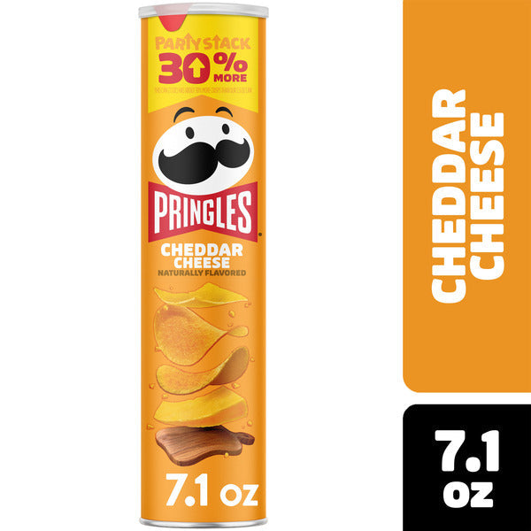 Pringles Cheddar Cheese potato chip can on a white background