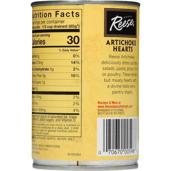 Can of Reese Artichoke Hearts with nutrition facts and product description on a white background. NON GMO Project certified quartered artichoke hearts tender and delicious in a can. Reese quality company since 1947.