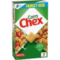 General Mills Corn Chex Family Size cereal box featuring crispy gluten-free corn squares with classic blue and yellow packaging on a white background.