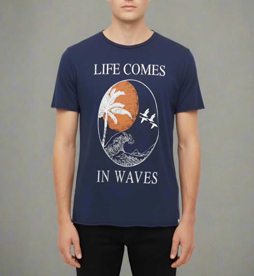 LIFE COMES IN WAVES on our 4 Corners Crew neck (Navy)