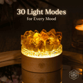 Golden citrine crystal lamp with 30 customizable light modes, ambient LED mood lighting, natural crystal-inspired decor, USB-powered bedside lamp for meditation, manifestation, relaxation, yoga, home office, bedroom, and spiritual wellness.