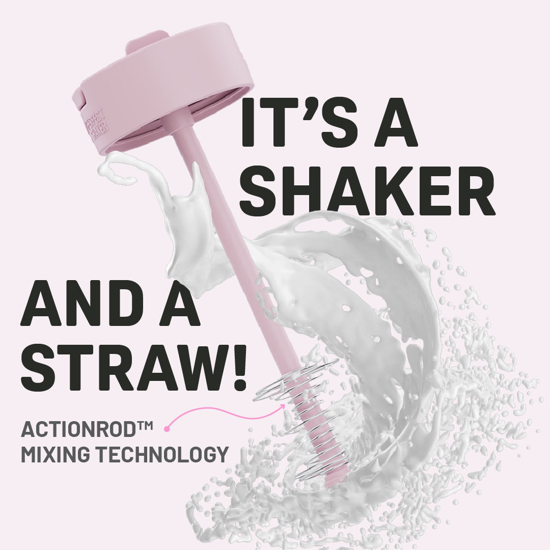 Pink shaker with mixing technology and text on a white background