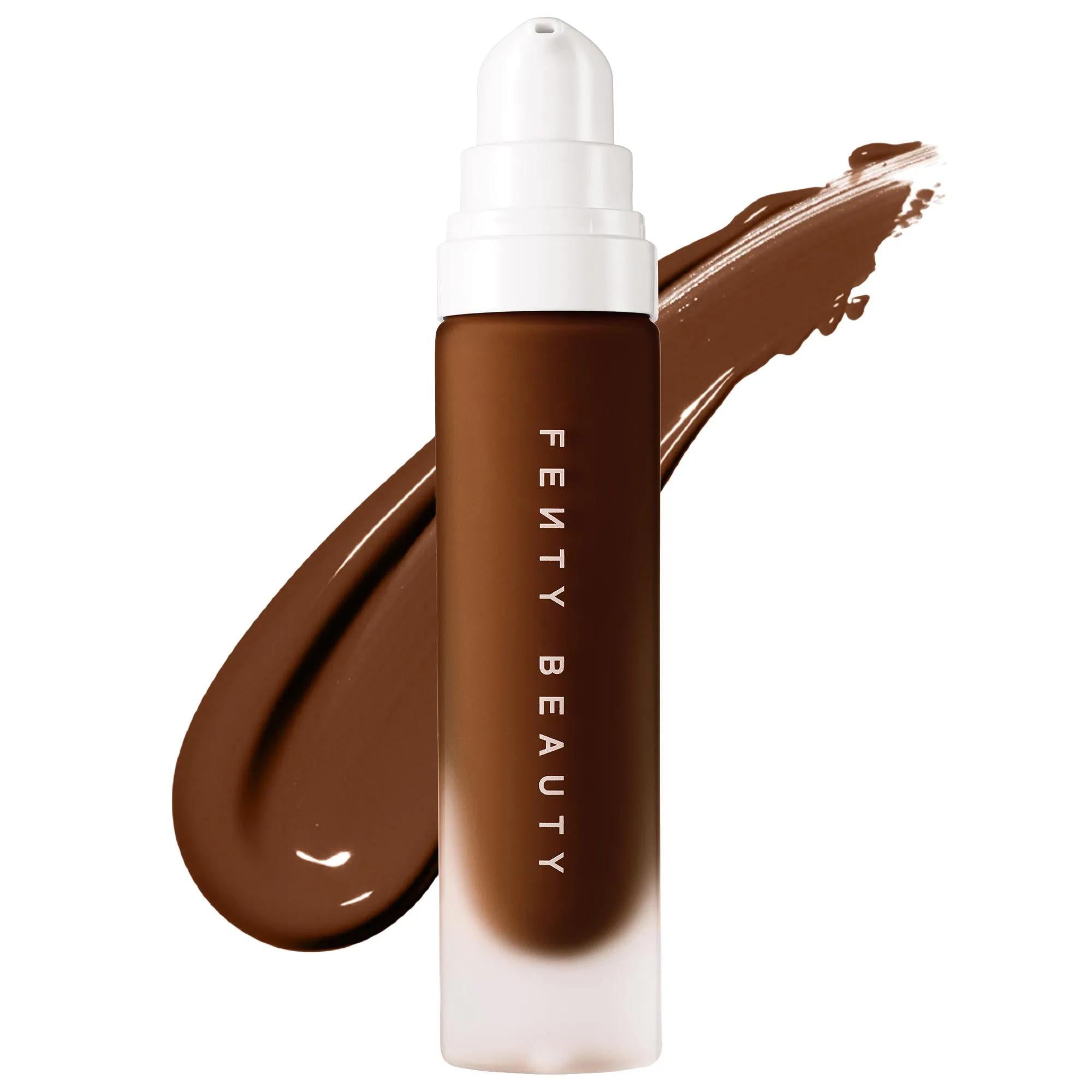 Fenty Beauty Pro Filt'r Soft Matte Longwear Liquid Foundation in Shade 470 with rich deep brown shade swatch on a white background. Vegan, cruelty-free, long-wearing matte foundation in a frosted pump bottle for full-coverage makeup.
