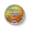 Tin of Retro Sours Mango candy with colorful label on a white background