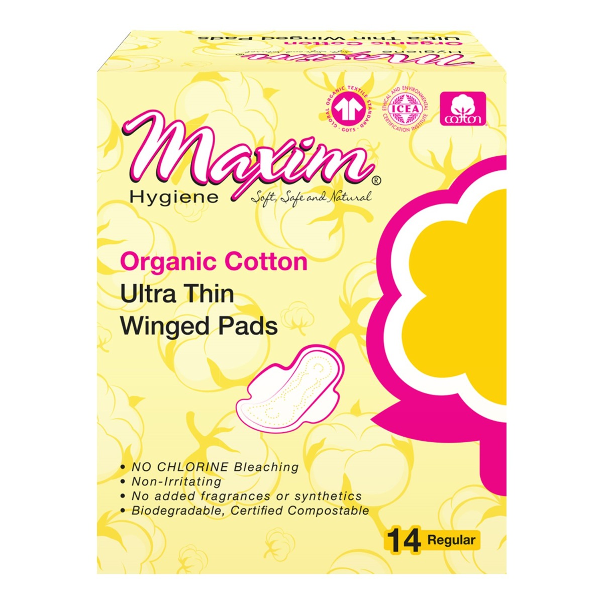 Maxim Natural Organic Cotton Ultra Thin Regular Pads 12 x 14 Count