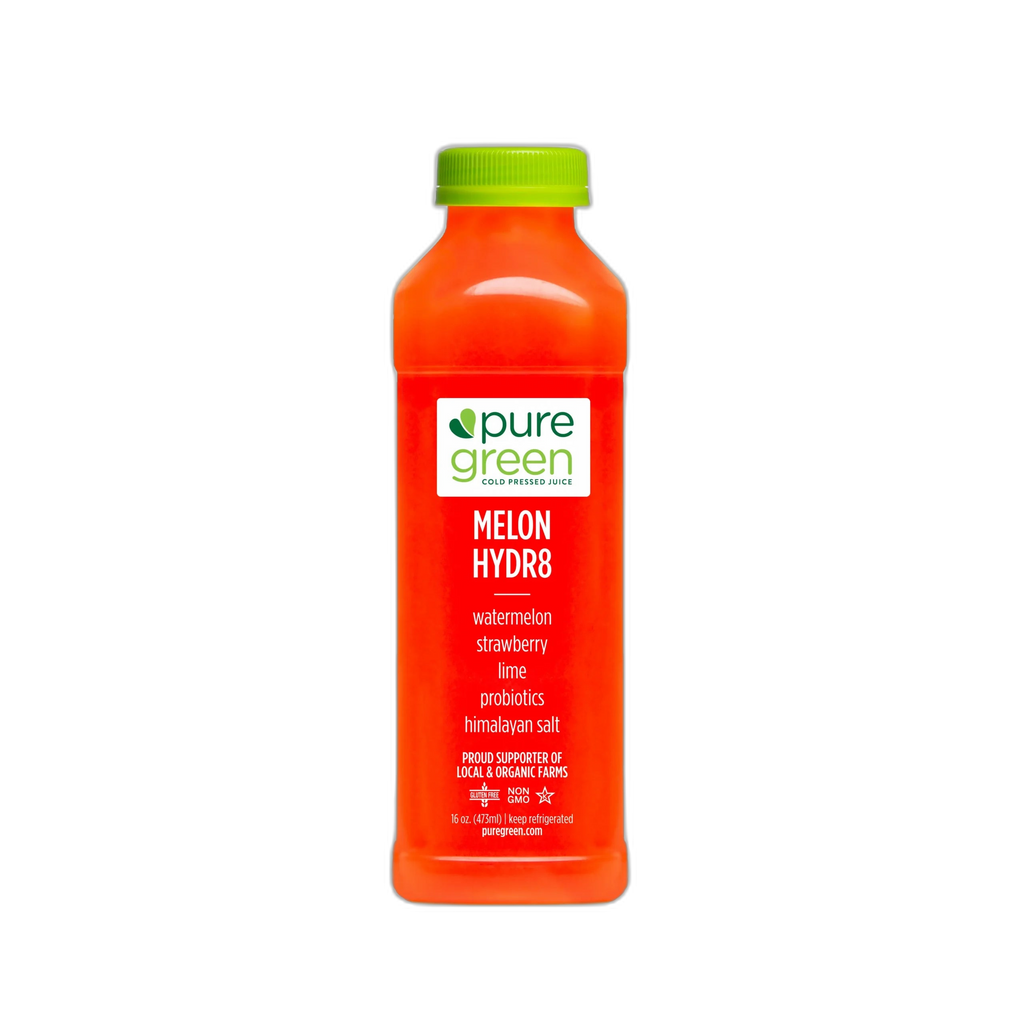 Orange bottle of pure green Melon Hydr8 on a white background. Watermelon, Strawberry, Lime, Probiotics, Himalayan Salt, proud supporters of local and organic farms. The PURE GREEN company cold pressed juice drink.
