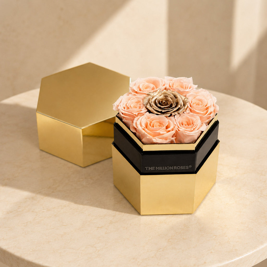 One in a Million™ Mirror Gold Hexagon Box | Peach & Gold Roses