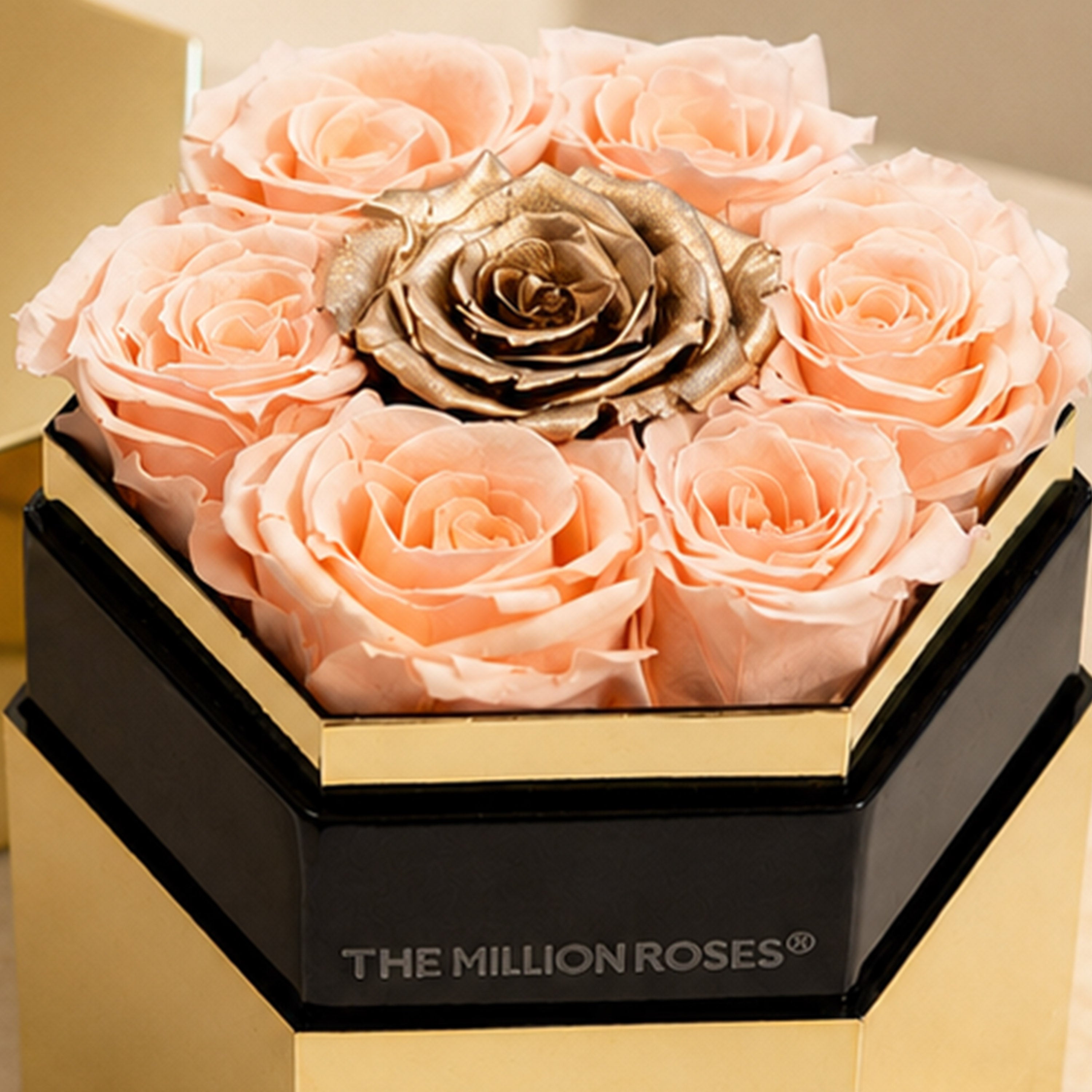 One in a Million™ Mirror Gold Hexagon Box | Peach & Gold Roses