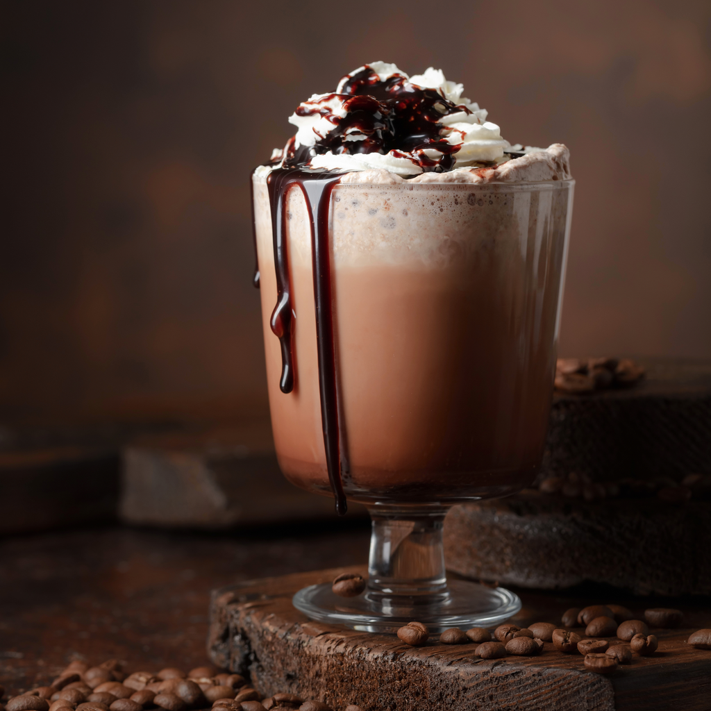 Creamy mocha latte served in a clear glass mug, topped with whipped cream and rich chocolate drizzle, creating a cozy café-style beverage perfect for warming up on chilly days.