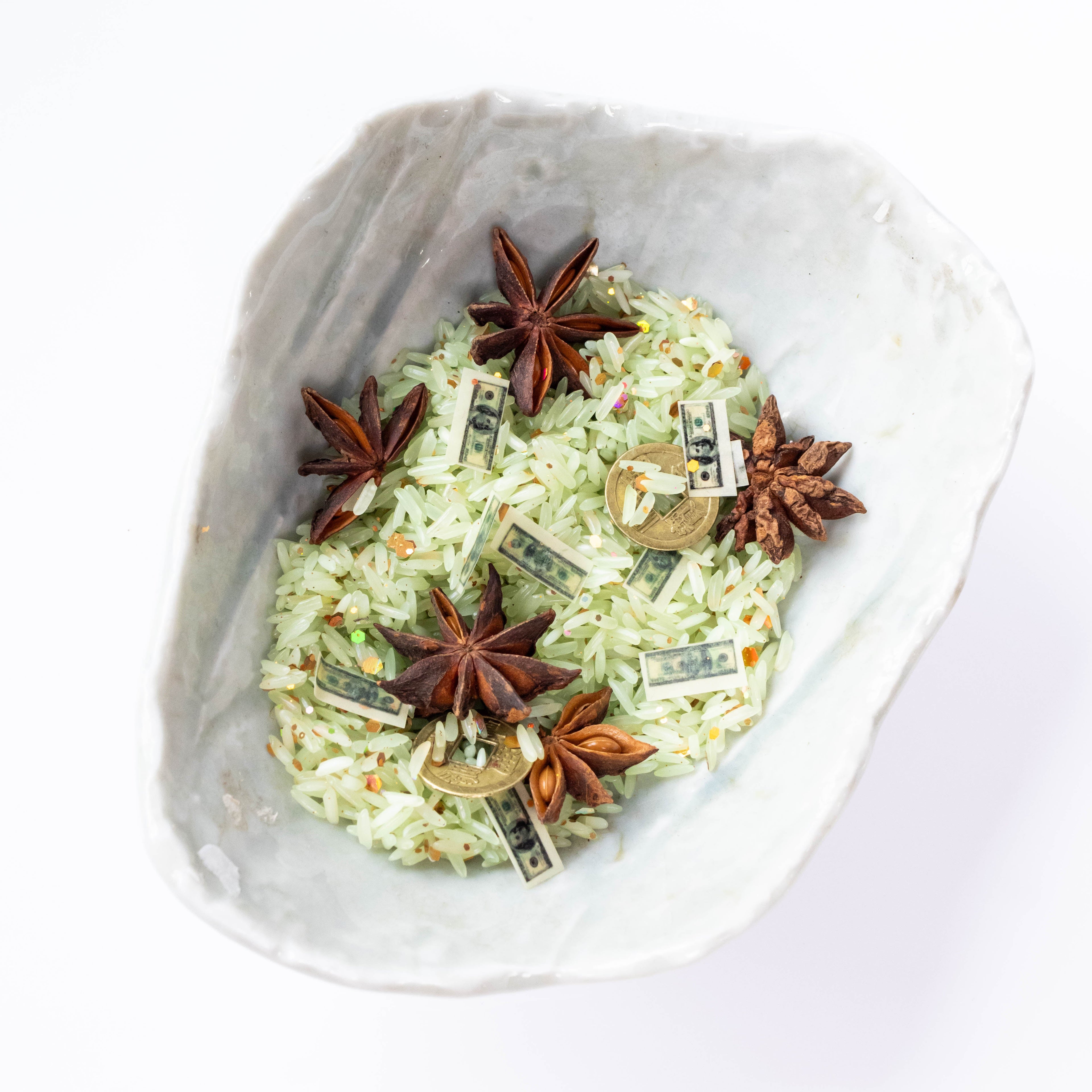 Circe Prosperity Rice 4 oz organic green rice blend with star anise, herbs, coins and money for prosperity, abundance, wealth, luck, altar rituals, spellwork and mojo bags