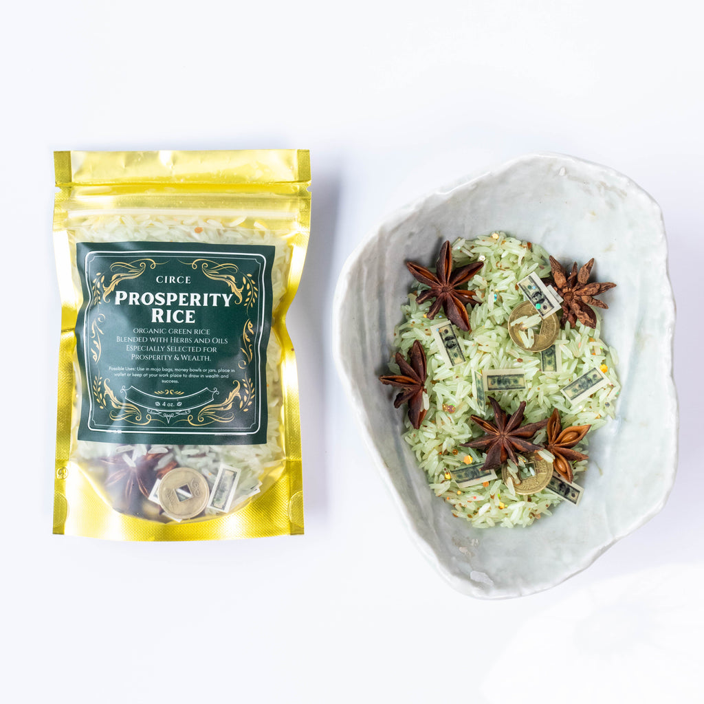 Circe Prosperity Rice 4 oz organic green rice blend with herbs, star anise, coins and money for prosperity, abundance, wealth, luck, altar, spellwork and mojo bag rituals