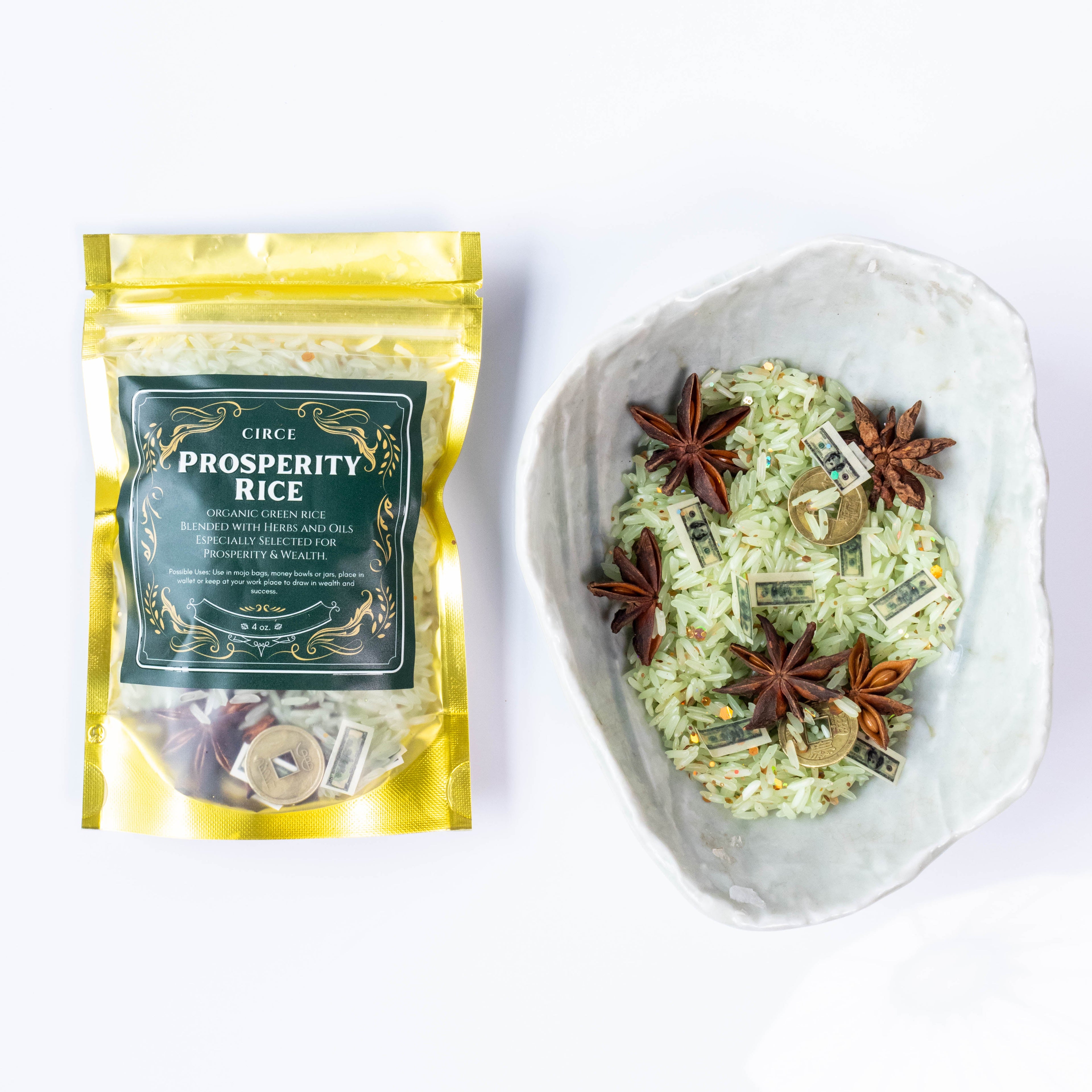 Circe Prosperity Rice 4 oz organic green rice blend with herbs, star anise, coins and money for prosperity, abundance, wealth, luck, altar, spellwork and mojo bag rituals