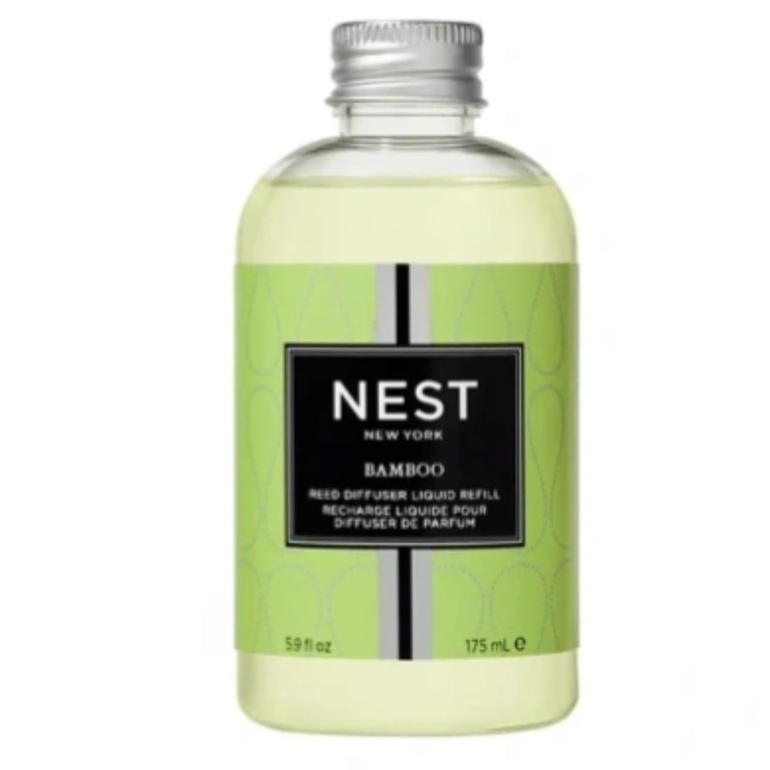 NEST New York Bamboo Reed Diffuser Liquid Refill 5.9 oz with fresh green fragrance in a clear refill bottle for elegant home fragrance.