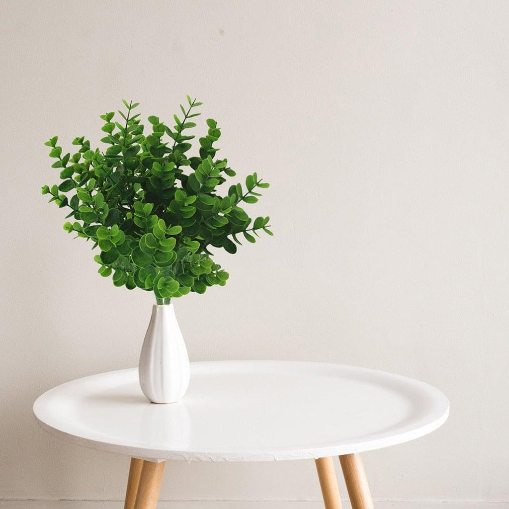 Green plant in a white vase on a round white table against a plain wall.