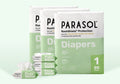 Three bags of Parasol RashShield Protection Diapers, size 1, with several individually wrapped Pure Water wipes displayed in front on a pale mint green background. Baby wipes with safe and clean ingredients.