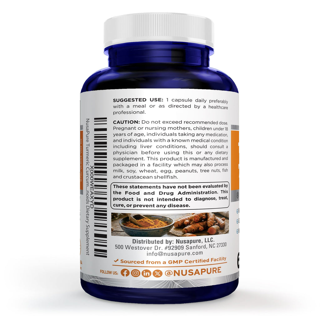 A blue supplement bottle with a white cap, showing the back of the label with text, barcode, and warning information, photographed on a white background. TURMERIC SUPPLEMENT with suggested use, caution label and social media handles. These statements have not been evaluated by the FDA and product is not intended to diagnose, treat or cure or prevent any disease. GMP stamped certified Facility Turmeric Vitamin Supplement.