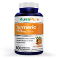 A bottle of NusaPure Turmeric 750 mg dietary supplement, 60 capsules, in a dark blue bottle with a white cap and an orange and white label.